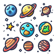 Naklejka premium Cartoon planets icons set. Astronomy and space theme. Vector illustration.