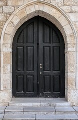 Fototapeta premium Black wooden double doors, with an arched top, set in an ancient stone wall