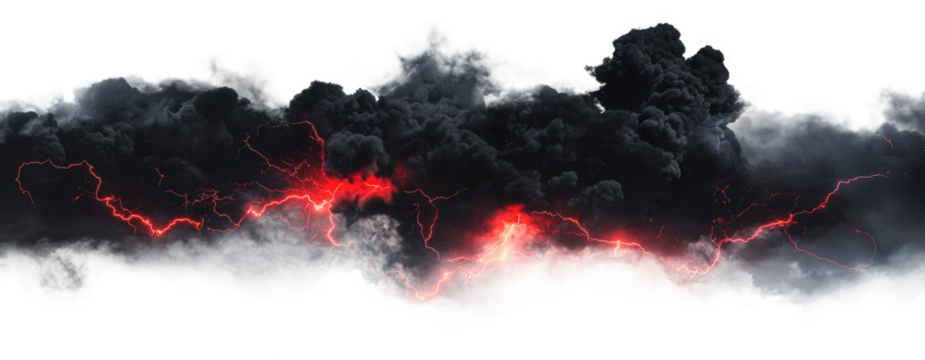 Black clouds with red lightnings isolated on transparent background.