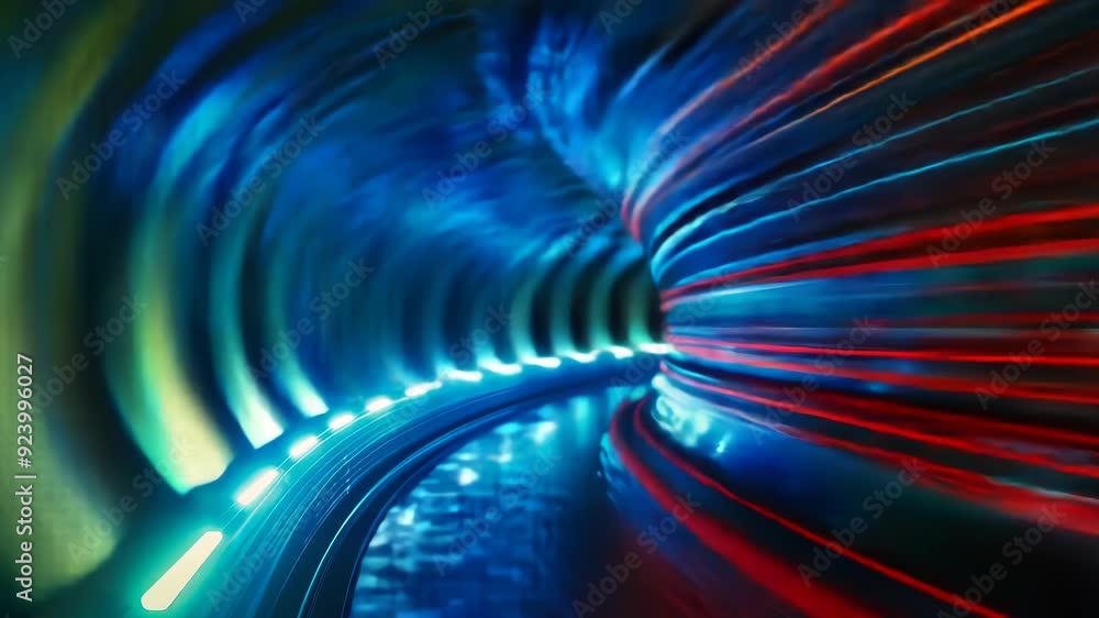 Poster dynamic speed tunnel with blurred light streaks at night for futuristic sci-fi concepts, technology,