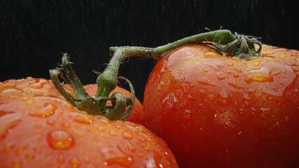 Macrography, tomatoes nestled within a rustic wooden basket are showcased against a dramatic black...