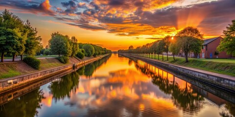 Fototapeta premium Sunset Reflections in a Canal, Water Reflection, Golden Hour, Landscape Photography, Canal, Sunset