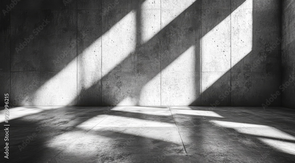 Aufkleber this minimalist scene features a concrete wall and a floor with dynamic light and shadow patterns, i