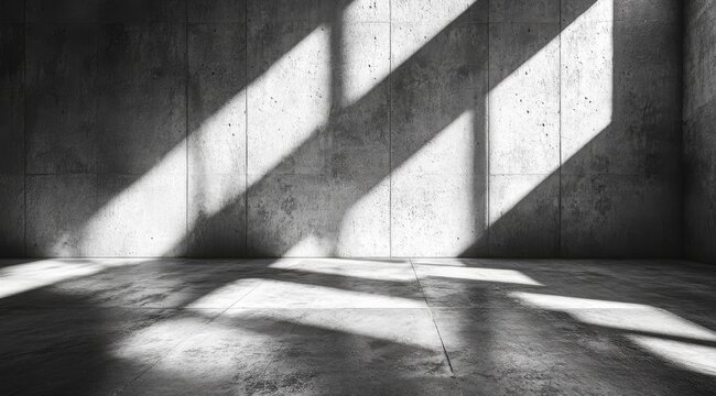 This minimalist scene features a concrete wall and a floor with dynamic light and shadow patterns, ideal for product displays and professional presentations, with space for text content