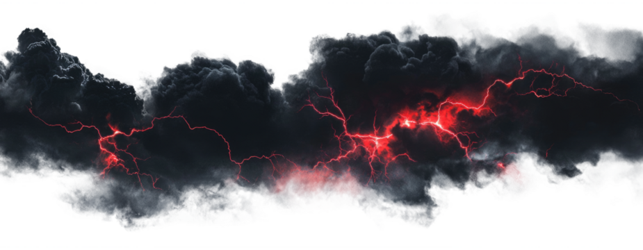 Black clouds with red lightnings isolated on transparent background.