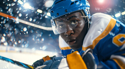 Close up of African American hockey player aiming his stick during an intense game. Concept of professional sports, athletic focus, competitive spirit, ice hockey action