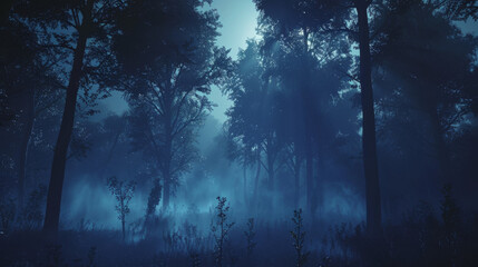 Fototapeta premium Forest of horrors. Halloween design. Night in the forest. Natural scene with forest and moonlight. Night view of the forest, nature, fog, smog, smoke.