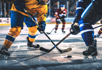 Hockey players facing off in an intense game moment on the ice. Concept of competitive sports, teamwork, athletic performance, ice hockey match