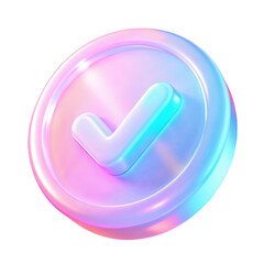 Glossy 3D checkmark icon featuring pastel colors of blue, pink, and purple. The smooth and vibrant design has a modern, abstract, and futuristic appearance. Isolated on transparent background, png.