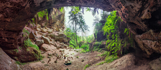 Panoramiv over ancient big grotto named Gautschgrotte, cave near Hohnstein town in the national...