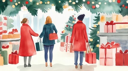 Festive holiday bargains, cozy shop interiors, holiday lights twinkling, happy customers, Watercolor style