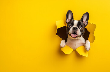 Cute French Bulldog puppy jumping out of torn yellow wallpaper hole