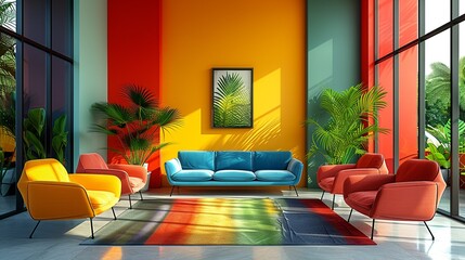 Modern vibrant interior with a colorful design and minimalist features creating a clean stylish space with straightforward architectural elements and visual appeal. high resolution Illustration in