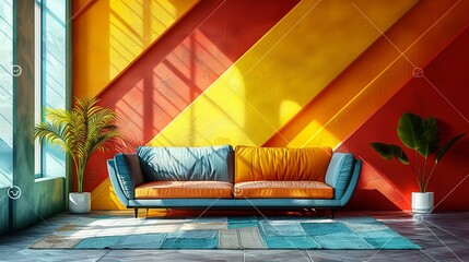 Modern vibrant interior with a colorful design and minimalist features creating a clean stylish space with straightforward architectural elements and visual appeal. high resolution Illustration in