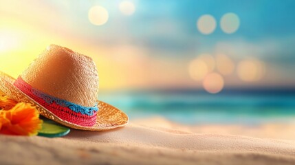 Sandy ground scene with a sombrero, Mexican guitar, and cactus, set against a lively Mexican festival event background
