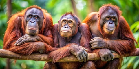 Three Orangutans Resting on a Branch, Close-up Portrait, Jungle Setting, Wildlife, Primates, Endangered Species, Borneo