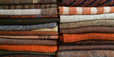 Stack of folded sweaters, blankets and scarves in autumn colors. Cozy knitwear and textile. Image for clothing stores, lifestyle blogs, and fall collection advertisements.