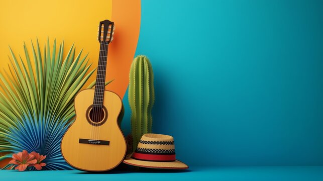 ground scene with a sombrero, Mexican guitar, and cactus, set against a lively Mexican festival event background