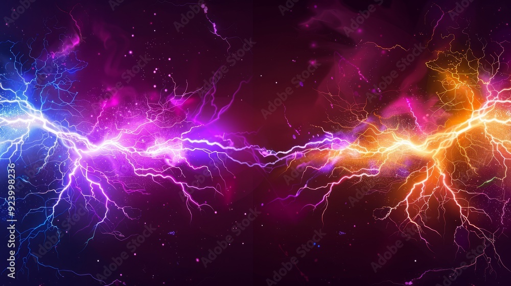 Poster purple and orange thunder collision with shock burst flash and neon glow light effect for vs design.