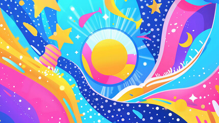 Colorful Abstract Space-Themed Illustration with Stars and Planets. Concept of Cosmic Exploration, Vibrant Outer Space, Artistic Universe, Celestial Imagination