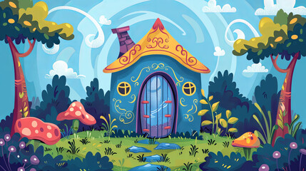 Whimsical Cartoon Cottage in an Enchanted Forest with Blue Sky and Mushrooms. Concept of Fairy Tale House, Magical Landscape, Fantasy Scene, Children's Illustration