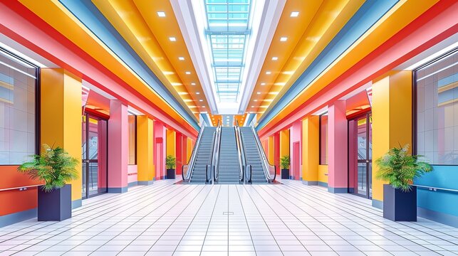 Stylish building interior featuring bright colors and minimalist design elements, creating a clean and visually engaging space with a modern architectural approach. high resolution Illustration, in