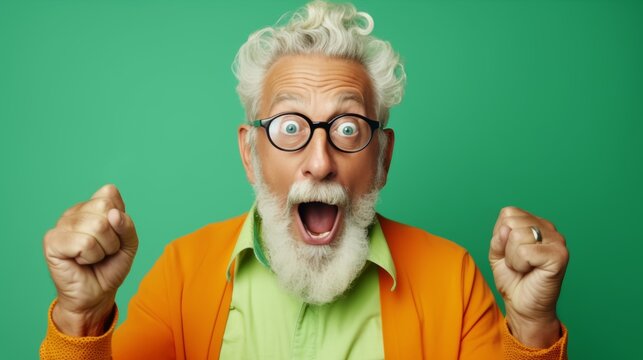 Funky crazy grandpa hands raised up see discount low shopping prices wear orange jacket and mint shirt and glasses isolated bright green pastel background. Very exited grey haired senior fists up