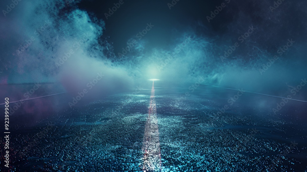 Poster wet road and smoke abstract background empty scene with asphalt texture and spotlight. horror highwa