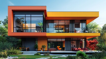 Beautifully designed contemporary building featuring bright, colorful exterior with minimalist, sleek lines, blending modern aesthetics with practical simplicity. high resolution Illustration, in the