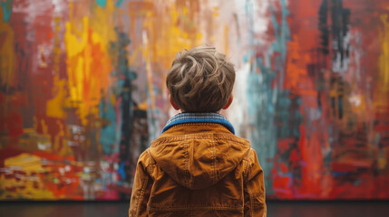 Obraz premium A young boy looks at paintings at a contemporary art exhibition in an art gallery. Rear view.