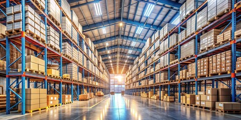 Warehouse Interior Rows of Cardboard Boxes on Shelves, Blue Metal Framing, Concrete Floor, Industrial Lighting, warehouse, storage, inventory