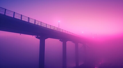 A Bridge Sitting In Thick Pink And Purple Fog