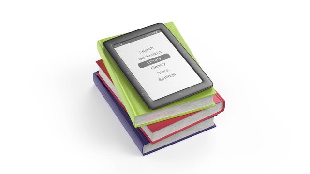 E-book reader on top of a stack of colorful books on a white background