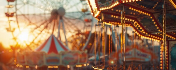 Vibrant amusement park scene with hot air balloons, rides, and a golden sunset. Free copy space for text.