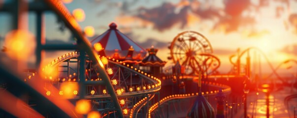 Vibrant amusement park scene with hot air balloons, rides, and a golden sunset. Free copy space for text.