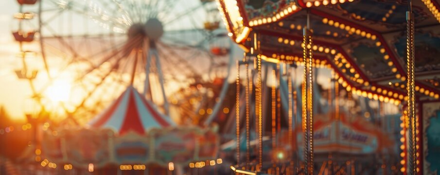 Vibrant amusement park scene with hot air balloons, rides, and a golden sunset. Free copy space for text.