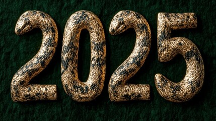 Obraz premium A luxurious and elegant New Years greeting card design featuring a minimalist gold snake on a deep green background with intricate details and a bold 2025 in metallic typography