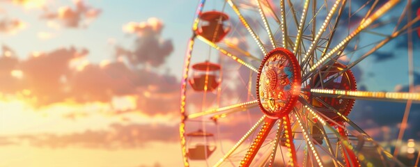 Vibrant amusement park scene with hot air balloons, rides, and a golden sunset. Free copy space for text.