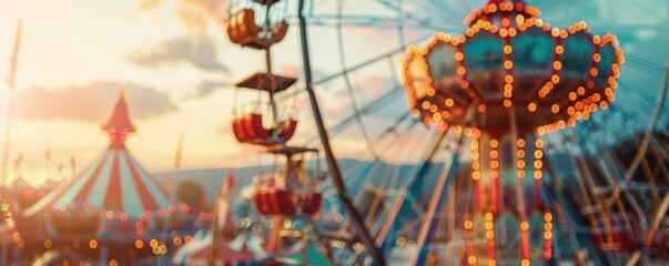 Vibrant amusement park scene with hot air balloons, rides, and a golden sunset. Free copy space for text.