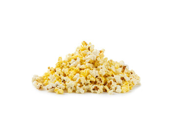 Salted popcorn isolated on white background. Cinema and entertainment concept. Movie night with popcorn. Delicious appetizer, snack.