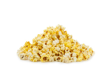Salted popcorn isolated on white background. Cinema and entertainment concept. Movie night with popcorn. Delicious appetizer, snack.