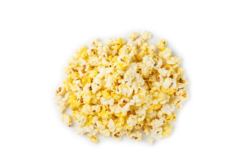 Salted popcorn isolated on white background. Cinema and entertainment concept. Movie night with popcorn. Delicious appetizer, snack.