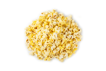 Salted popcorn isolated on white background. Cinema and entertainment concept. Movie night with popcorn. Delicious appetizer, snack.