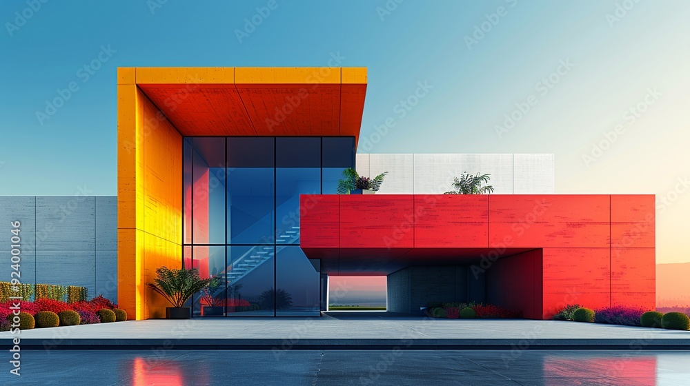 Canvas Prints Beautifully designed modern building exterior with vibrant, colorful facades and sleek, uncomplicated lines, combining contemporary style with visual appeal. high resolution Illustration, in the