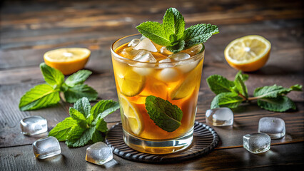 Fototapeta premium Refreshing Iced Tea with Lemon and Mint on Rustic Wooden Table