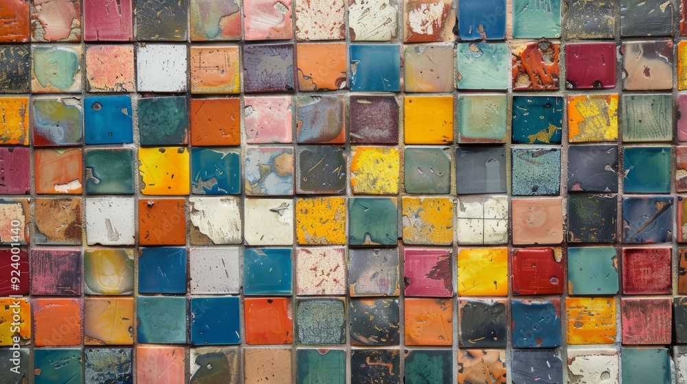 Poster a multicolored tile wall with a pattern of small squares