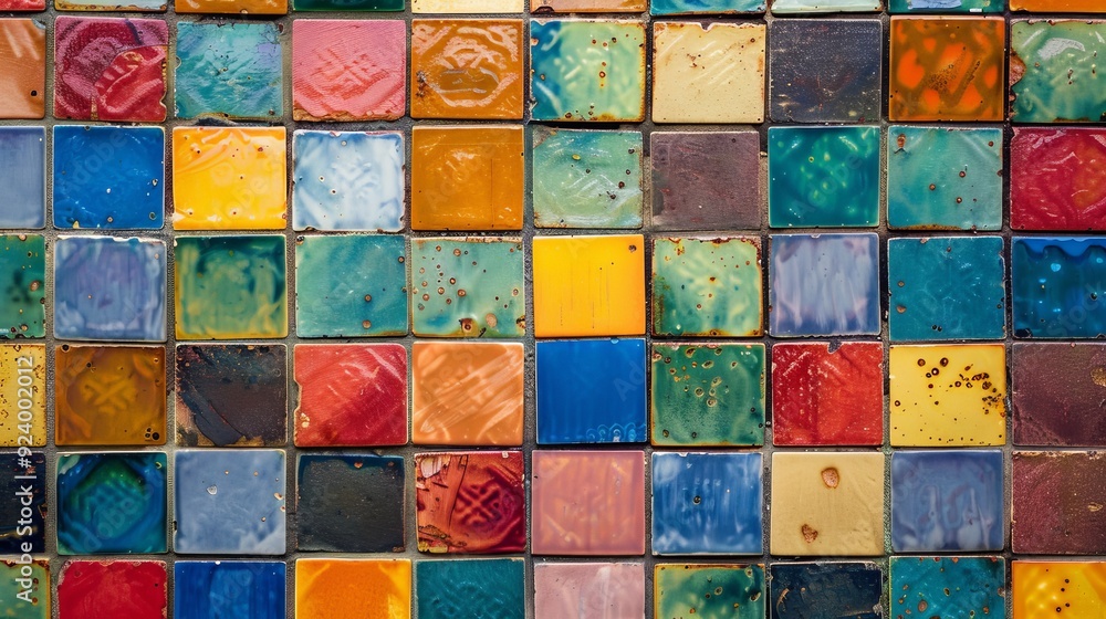Aufkleber a multicolored tile wall with a pattern of small squares