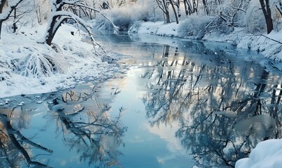 Icy river with snowy banks and bare trees reflecting on the water