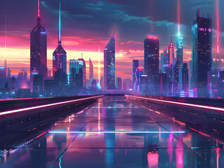 Glowing neon lights illuminate the futuristic skyline of a bustling city in the night.