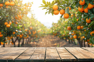 Empty wood table with free space over orange trees, orange field background. For product display montage